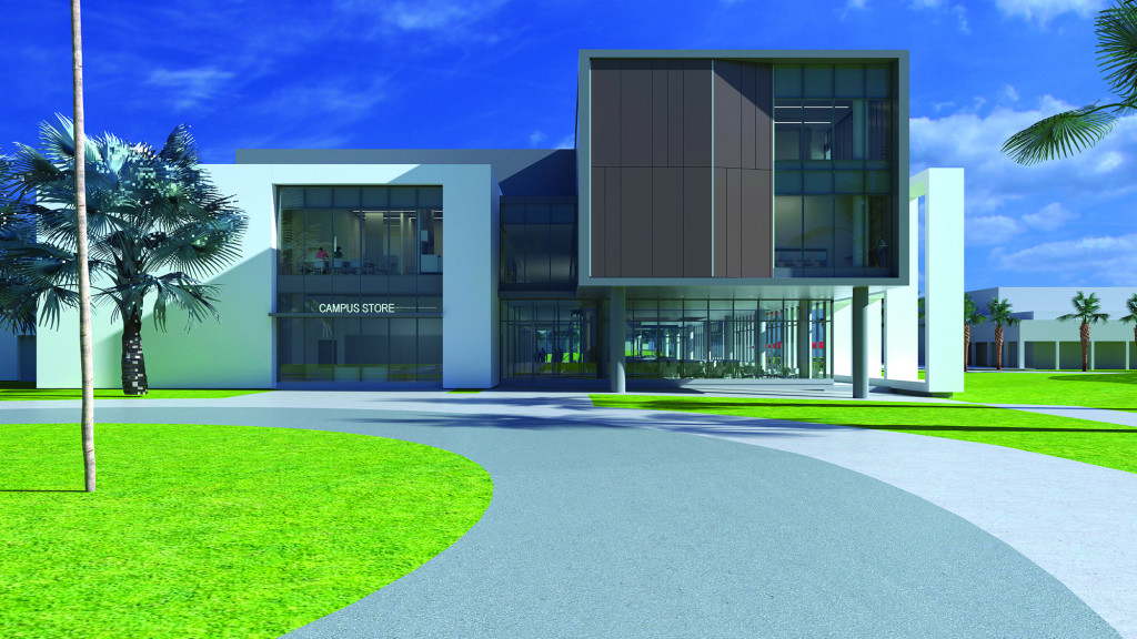 A building with a lawn and trees.